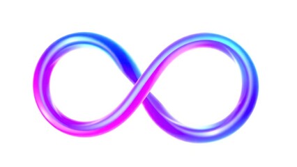 Glossy 3D infinity shape featuring gradient colors in blue, pink, and purple. The smooth and futuristic design has a modern,  aesthetic. Perfect Any Project.
