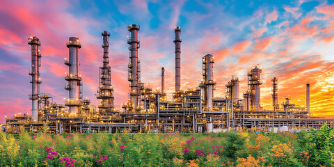 Obraz premium Industrial refinery complex illuminated at dusk set against a vibrant sky and lush flowering foreground.