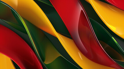 A colorful abstract layout featuring interwoven polygonal structures in striking shades of red, teal, and gold.
