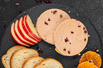 Foie gras snack goose liver French cuisine fresh tasty food dish delicious gourmet food background on the table rustic food top view copy space © Alesia Berlezova