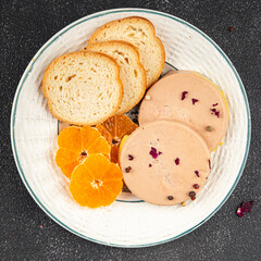 Foie gras snack goose liver French cuisine fresh tasty food dish delicious gourmet food background on the table rustic food top view copy space © Alesia Berlezova