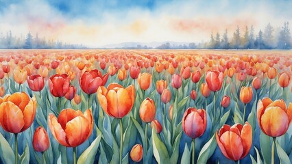 Spring joyful mood: a field of neat rows of bright tulips in red and orange colors against the background of dawn
