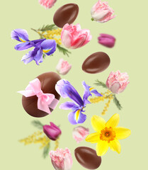 Chocolate eggs and beautiful spring flowers in air on color background