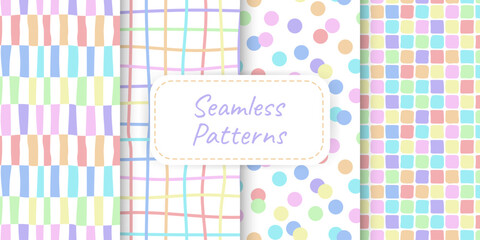 Vector set of four geometric seamless patterns in soft pastel color and playful hand drawn elements. Ideal for fabric print packaging wallpaper scrapbooking social media graphics invitation stationery