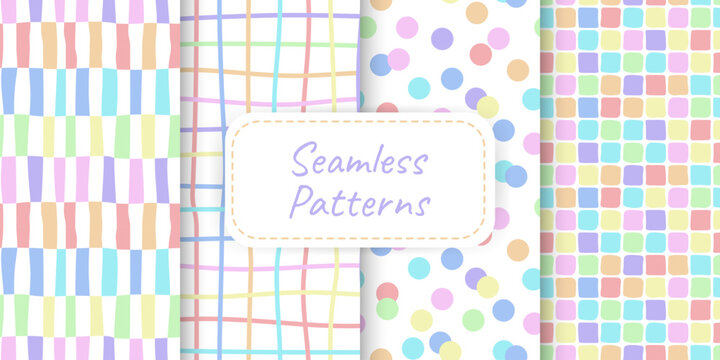 Vector set of four geometric seamless patterns in soft pastel color and playful hand drawn elements. Ideal for fabric print packaging wallpaper scrapbooking social media graphics invitation stationery