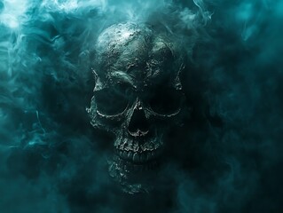 A skull with smoky turquoise fog appears in the mist