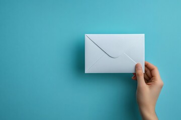 A hand holds a pristine white envelope against a serene pastel blue backdrop, perfect for invitations, newsletters, or personal messaging during events or holidays.