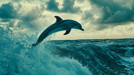 Fototapeta premium Dolphin leaping ocean waves dramatic sky wildlife marine mammal nature documentary