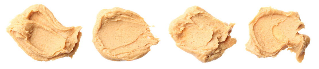 Yummy nut butter. Samples isolated on white, set. Top view