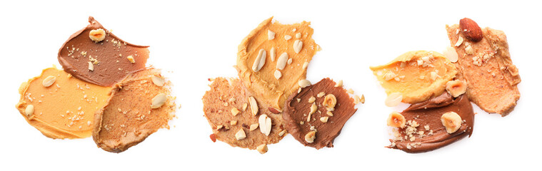 Nut butter. Different samples isolated on white, set. Top view