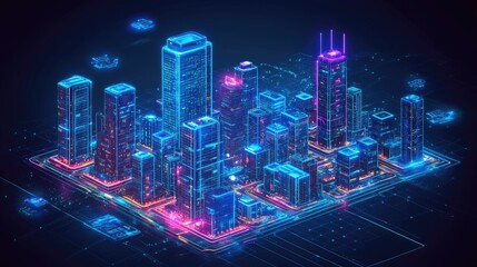 Fototapeta premium Futuristic city skyline in neon lights showcasing advanced technology and urban development
