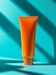 Orange cosmetic tube casting shadows on a teal background.