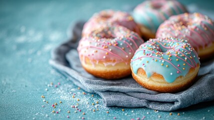 Pastel donuts, sprinkles, blue background, food photography, recipe