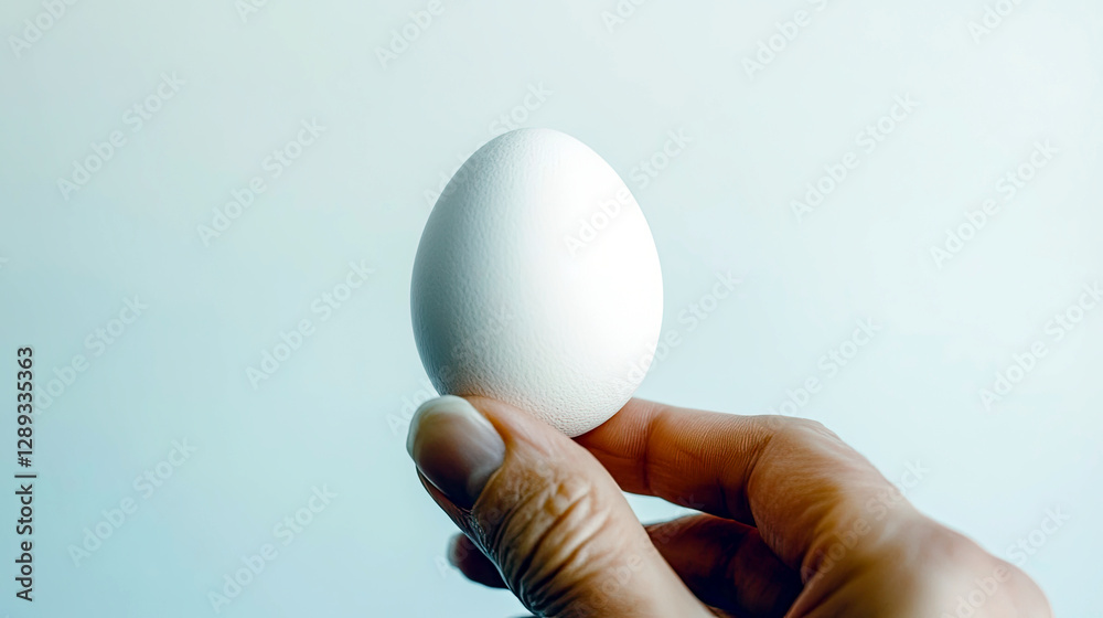 Poster delicate balance of a gentle hand holding a fragile white egg in a minimalist setting