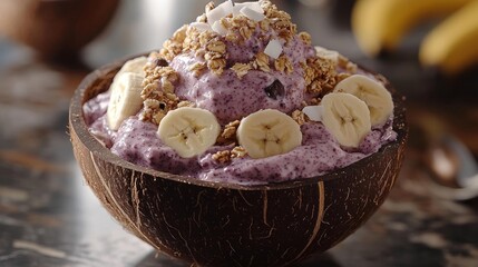Fototapeta premium A fresh coconut bowl filled with acai topped with granola banana slices and coconut flakes. Generative AI