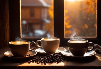 Fototapeta premium warm inviting coffee setup featuring cozy pair mugs surrounded freshly roasted coffee beans nestled atmosphere, cup, brown, aroma, espresso, brew