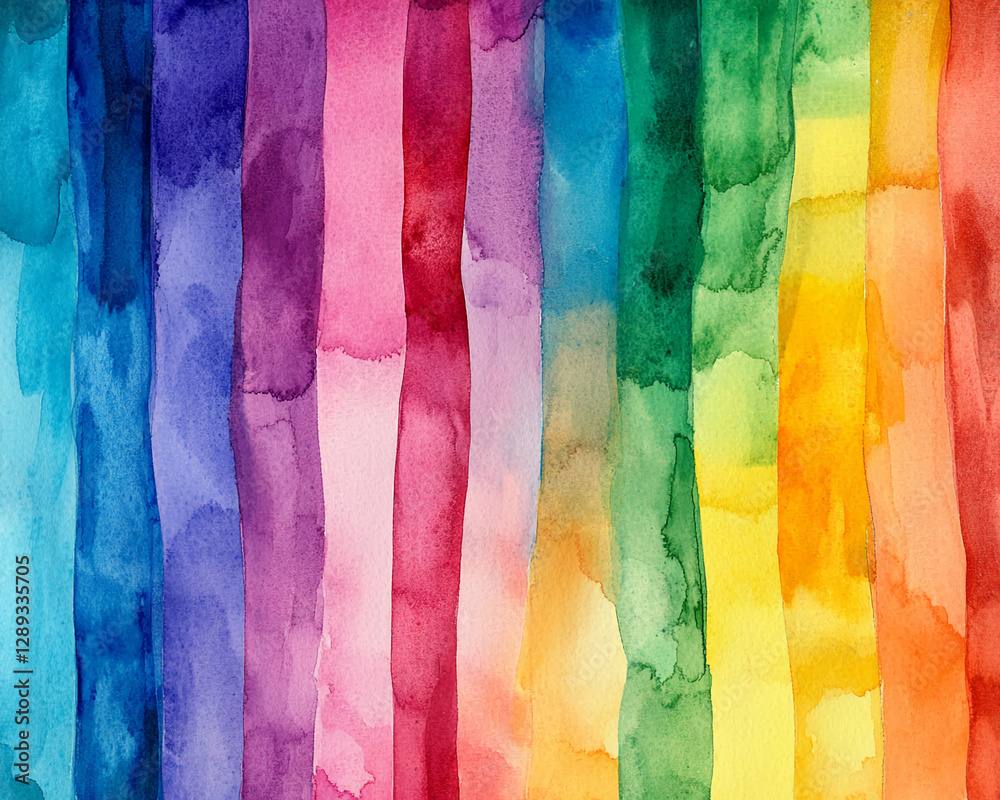 Poster a vibrant watercolor painting featuring a spectrum of rainbow colors in vertical stripes, showcasing