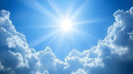 Bright sun shining through clouds in a clear blue sky