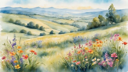 A fabulous symphony of wildflowers: a spring landscape with bright meadow flowers against a background of peaceful rolling hills