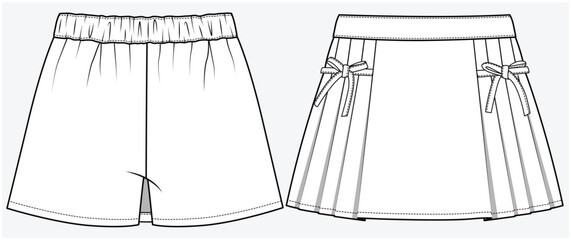 FRONT PLEATED DENIM SKORT WITH BACK PATCH POCKET AND FRONT BOW DETAIL DESIGNED FOR TWEEN GIRLS KID GIRLS AND TEEN GIRLS IN VECTOR FILE.
