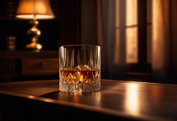 sleek whiskey glass placed elegantly richly textured wooden surface exuding warmth timeless style, beverage, drinkware, barware, bottle, craftsmanship