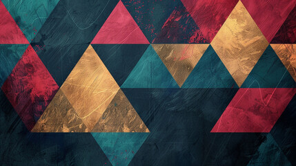 Fototapeta premium A geometric abstract layout featuring tessellated triangles in bold gradients of navy blue, gold, and emerald green.