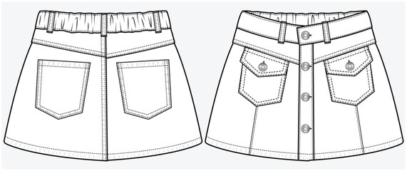FRONT BUTTONED DENIM A LINE SKIRT WITH UTILITY POCKET DETAIL DESIGNED FOR TWEEN GIRLS KID GIRLS AND TEEN GIRLS IN VECTOR FILE.