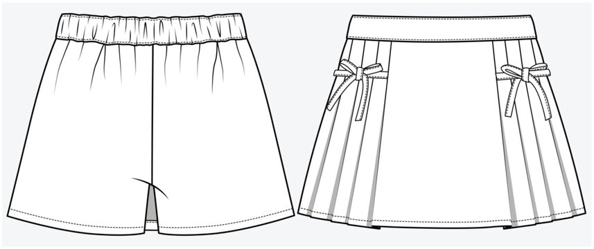 FRONT PLEATED DENIM SKORT WITH BACK PATCH POCKET AND FRONT BOW DETAIL DESIGNED FOR TWEEN GIRLS KID GIRLS AND TEEN GIRLS IN VECTOR FILE.
