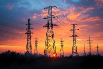 Naklejka premium Power Lines Silhouette at Sunset