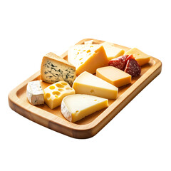 Wooden Serving Tray with Assorted Cheese Caps Isolated on Transparent Background
