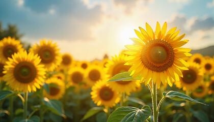 Vibrant field of sunflowers blooming under a sunny sky, symbolizing growth and optimism in agriculture.