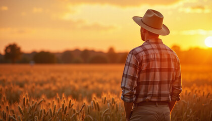 Fototapeta premium Farmer inspecting wheat field at sunset, embodying dedication and hard work in golden glow, agricultural journey.