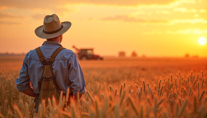 Fototapeta premium Farmer inspecting wheat field during sunset, proud and dedicated. Symbolizing hard work and rural life, agricultural entrepreneurship concept.