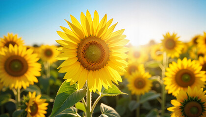 Fototapeta premium Vibrant sunflower field in peak bloom under a clear blue sky, symbolizing optimism and growth.
