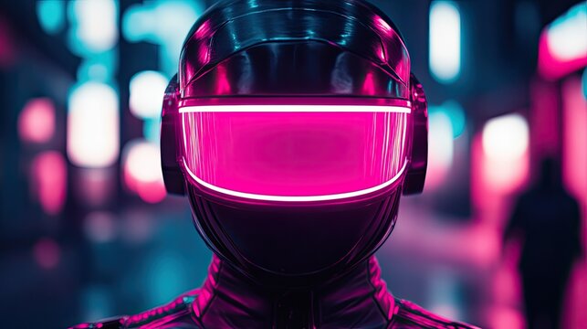 A futuristic figure with a glowing helmet stands in a neon-lit urban environment, symbolizing technology and innovation.