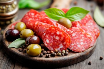 A wooden board displays vibrant slices of salami alongside a mix of black and green olives