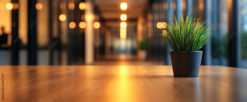 Poster A close-up view of a potted plant placed on a wooden table in a modern office corridor with a blurred background, representing a calming and productive workspace environment.
