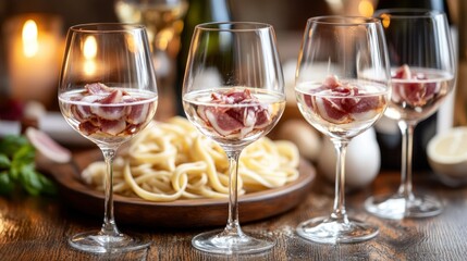 Naklejka premium Prosciutto-infused sparkling wine with pasta
