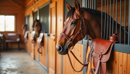 Elegant brown horse wearing a leather bridle, standing in a well-maintained stable with wooden panels, symbolizing equestrian care and expertise.