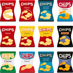 vector set of potato chips packages isolated on white background. snack concept. foil bags with potato snack