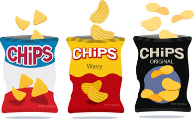 vector set of potato chips packages isolated on white background. snack concept. foil bags with potato snack