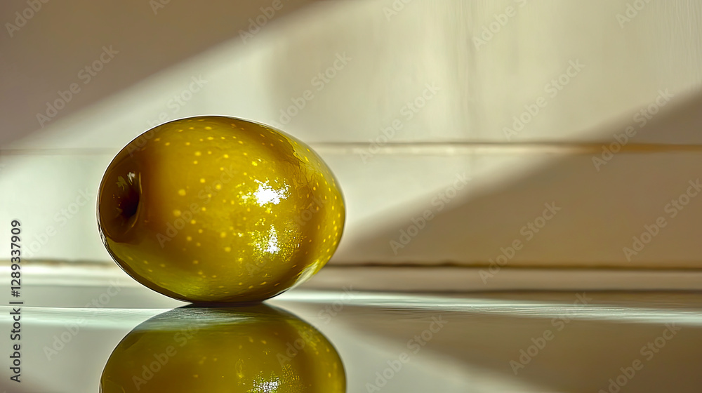 Poster single green olive captures light and reflection on a glossy surface in a serene setting