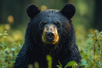 Obraz premium A curious black bear looking through dense underbrush, with the sunlight casting soft shadows on its fur