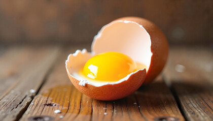 Cracked brown egg with golden yolk resting on a rustic wooden table, symbolizing freshness and quality of farm-produced eggs.