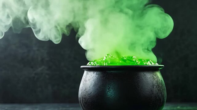 Green potion cauldron steaming, dark background, Halloween