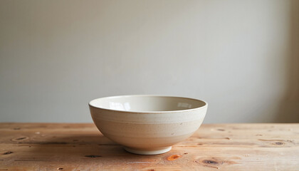Handcrafted ceramic bowl with smooth glaze resting on rustic wooden table, natural aesthetic and artisanal craftsmanship concept.
