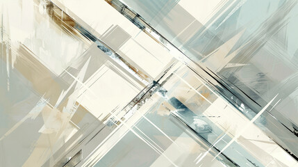 A minimalist abstract composition with intersecting geometric grids in muted gold, cream, and charcoal, arranged in a structured and balanced layout.