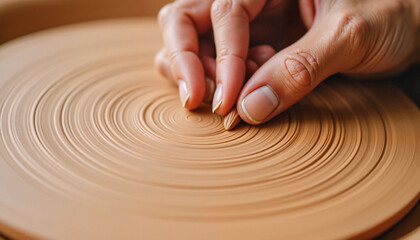 Craftsmanship in action as delicate fingers carve intricate patterns into smooth clay, warm earthy background, representing artistry and precision.