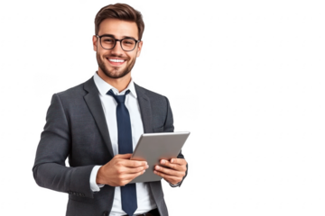 Portrait of a smiling businessman wearing eyeglasses with tablet, business concept

