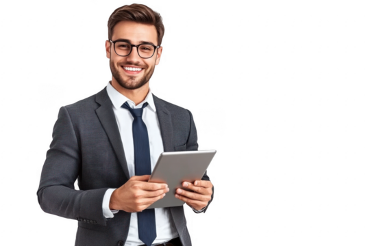 Portrait of a smiling businessman wearing eyeglasses with tablet, business concept
